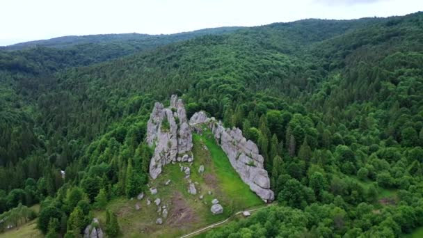 Veduta aerea drone del famoso ucraino medievale scogliera-side rovine fortezza di Tustan — Video Stock