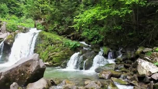 Cascada del río de montaña que fluye entre las costas rocosas en las montañas de los Cárpatos, Ucrania — Vídeo de stock