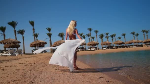 Jeune femme de mode portant du paréo marchant sur la plage — Video