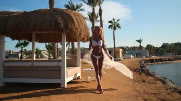 Jovem mulher de moda vestindo pareo andando na praia — Vídeo de Stock