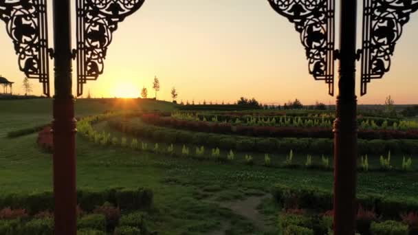 Die malerische Landschaft des schönen Sommerparks Dobropark bei Sonnenaufgang, Motyzhyn, Ukraine — Stockvideo