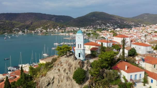 Aerial view of Poros old town and marina or seaport, Greece - drone videography — Stock Video