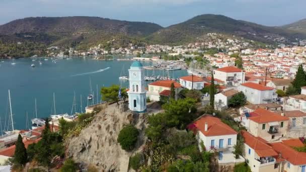 Aerial view of Poros old town and marina or seaport, Greece - drone videography — Stock Video