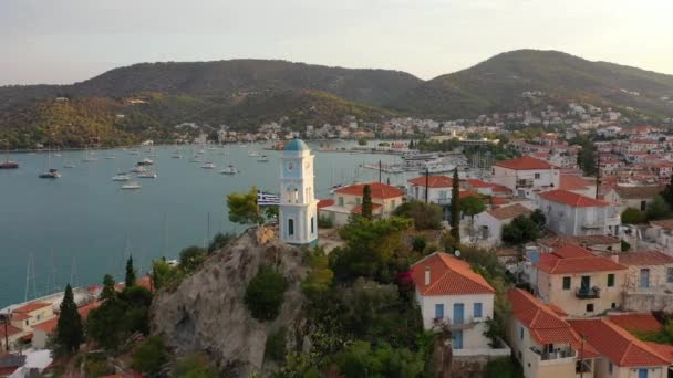 Aerial view of Poros old town and marina or seaport, Greece - drone videography — Stock Video