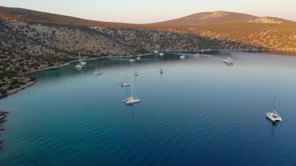 Катамаран і вітрила Яхти якорилися в затоці на глибокій блакитній морській воді на світанку — стокове відео