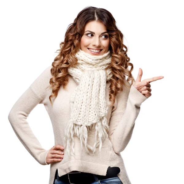 Beautiful young woman in knitted wool sweater smiling — Stock Photo, Image