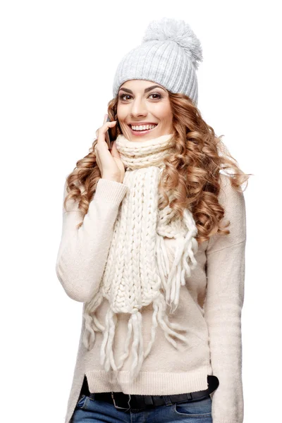 Beautiful young woman in knitted wool sweater smiling — Stock Photo, Image