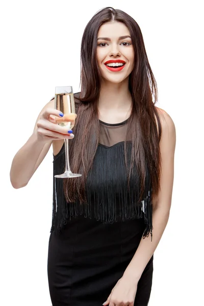 Jovem celebrando mulher vestido preto — Fotografia de Stock