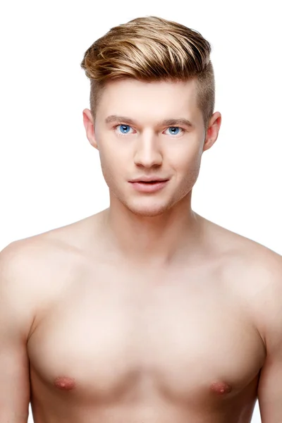 Giovane uomo senza camicia isolato su bianco — Foto Stock