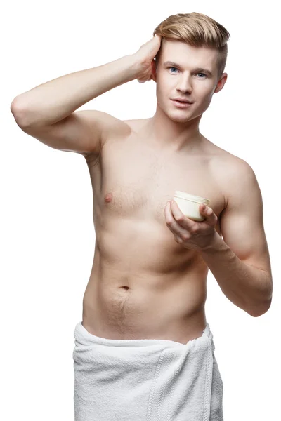 Jovem sem camisa homem isolado no branco — Fotografia de Stock
