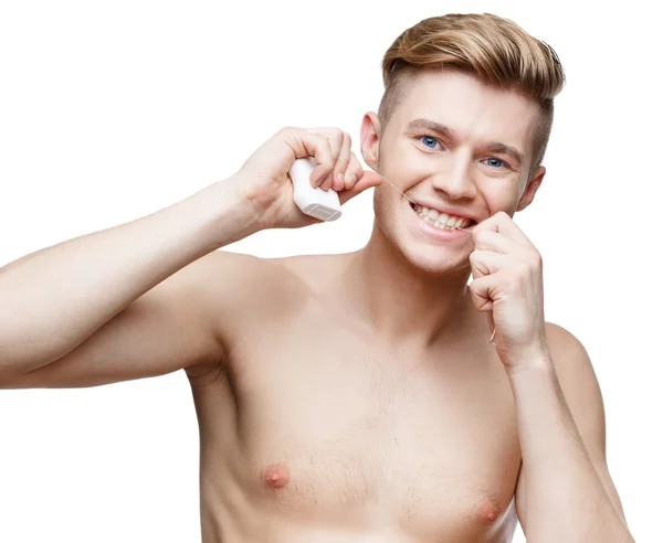 Jovem sem camisa homem isolado no branco — Fotografia de Stock