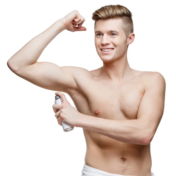 Giovane uomo senza camicia isolato su bianco — Foto Stock