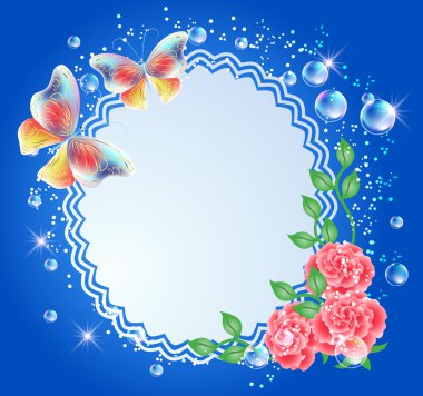 Background with frame, flowers and butterflies