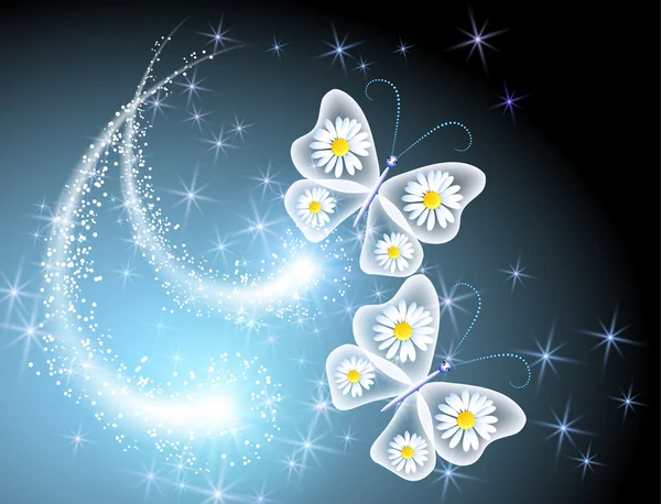 Schmetterling mit Gänseblümchen am Himmel — Stockvektor