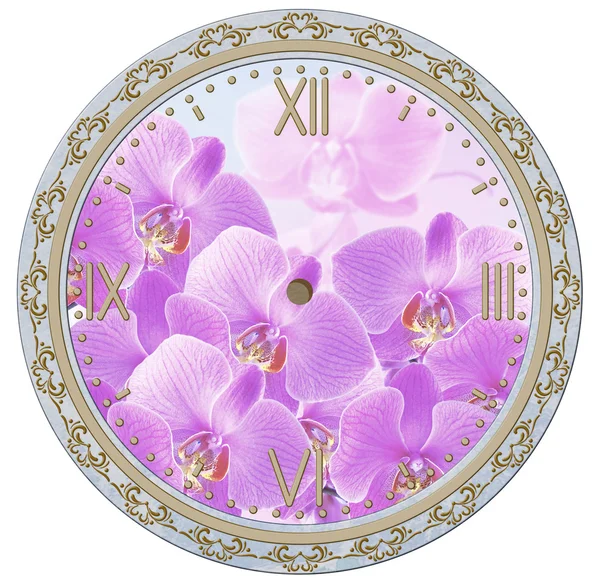 Cara de reloj con adorno vintage y flores de orquídea —  Fotos de Stock