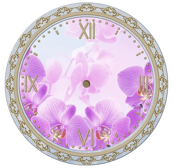 Cara de reloj con adorno vintage y flores de orquídea —  Fotos de Stock