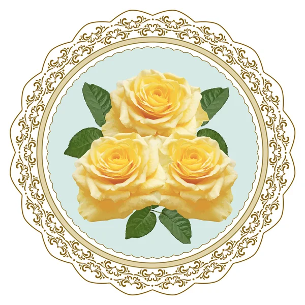 Візерункова тарілка з жовтими трояндами та орнаментом — стоковий вектор