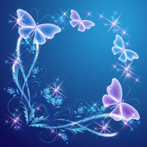 Ornamento de canto floral com borboletas — Vetor de Stock