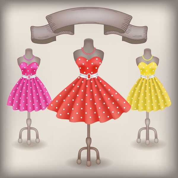 Fashionable dress with polka dots in retro style on dummy 