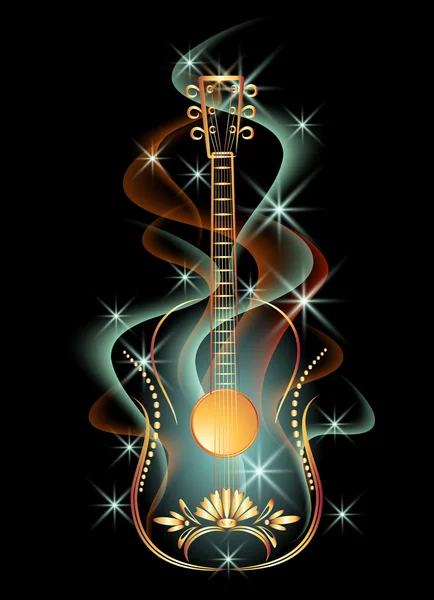 Guitarra dorada en humo y estrellas — Vector de stock