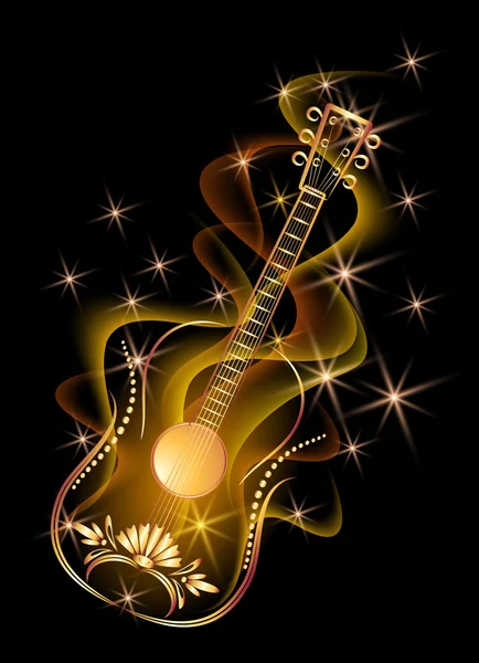 Golden guitar in smoke and stars - Stok Vektor