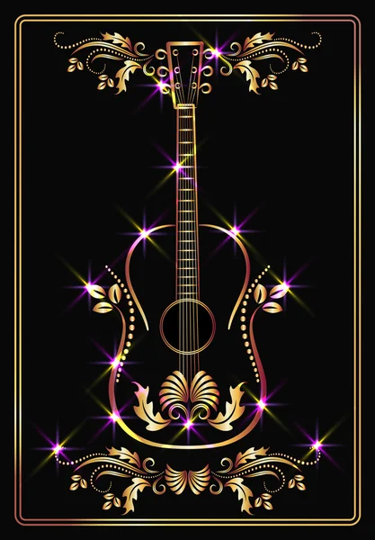 Emas gitar dan ornamen dengan bintang-bintang - Stok Vektor