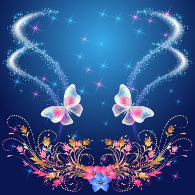 Transparent butterflies with floral ornament and firework clipart