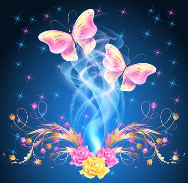 Transparent butterflies with floral ornament and firework clipart