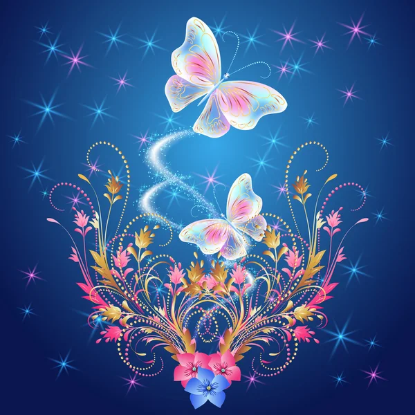 Mariposas transparentes con adorno floral y fuegos artificiales — Vector de stock