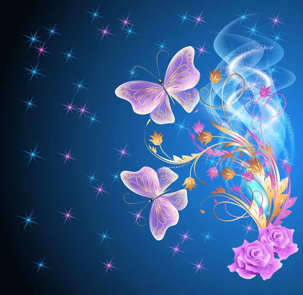 花の飾りと花火と透明な蝶 — ストックベクタ