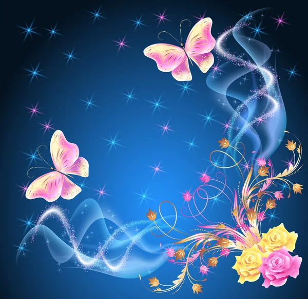 Διαφανή πεταλούδες με floral στολίδι και πυροτεχνημάτων — Διανυσματικό Αρχείο