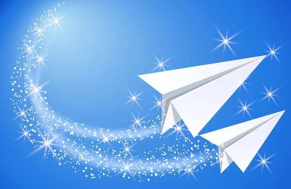 Dos aviones de papel vuelan en el cielo — Vector de stock