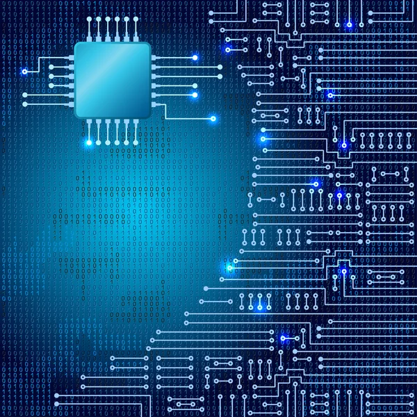 Disegno moderno circuito elettronico e codice binario — Vettoriale Stock