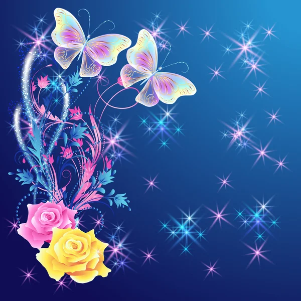 Farfalle trasparenti con ornamento floreale e fuochi d'artificio — Vettoriale Stock