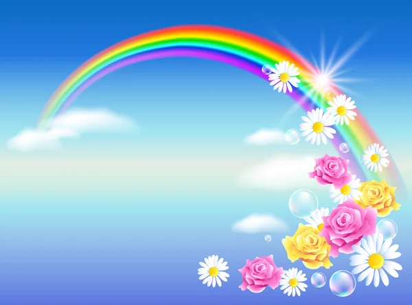 Rainbow in sky clouds with flowers — Stock Vector