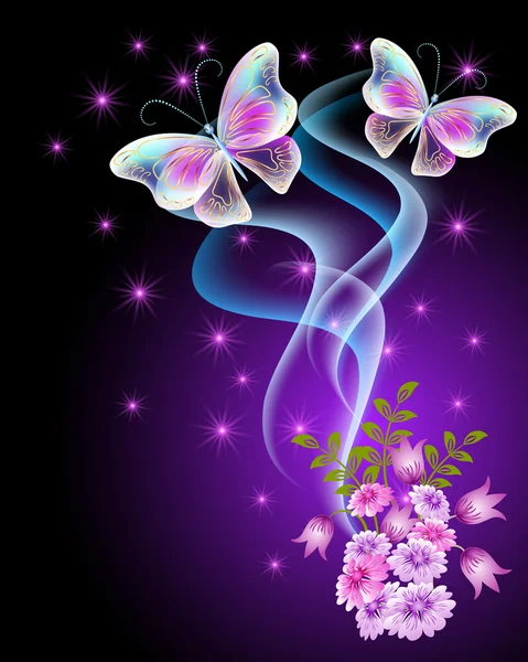 Mariposas transparentes con flores y estrellas — Vector de stock