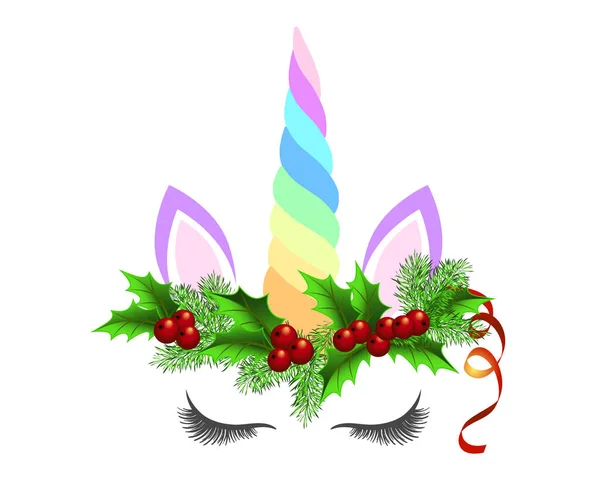 Tek Boynuzlu Köknar Ağacı Dalları Kutsal Meyvelerden Yapılmış Noel Çelengi — Stok Vektör