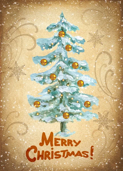 装飾的なボールとグリーティングテキストを持つクリスマスモミの木 ヴィンテージの背景に水彩イラスト 新年の休日の装飾やお祝いレトロなポストカードのための冬のトウヒと手描きのカード — ストック写真
