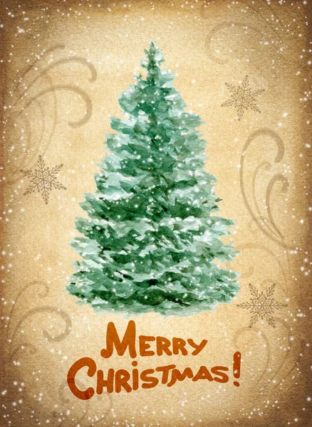 Tebrik Mesajlı Noel Ağacı Eski Arkaplanda Suluboya Illüstrasyon Yeni Yıl — Stok fotoğraf