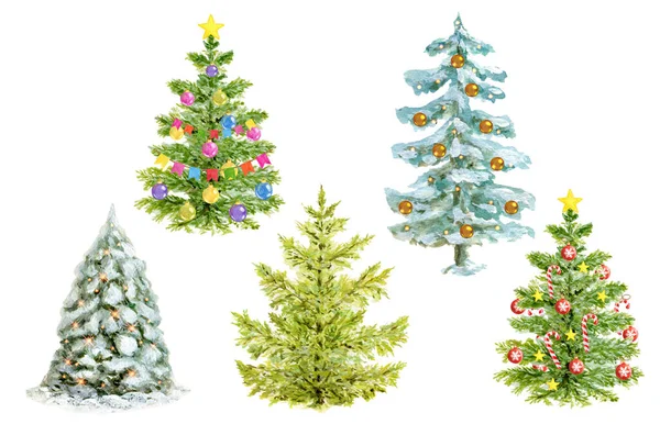 Clipart Natale Costituito Abeti Acquerello Isolati Sfondo Bianco Set Abete — Foto Stock