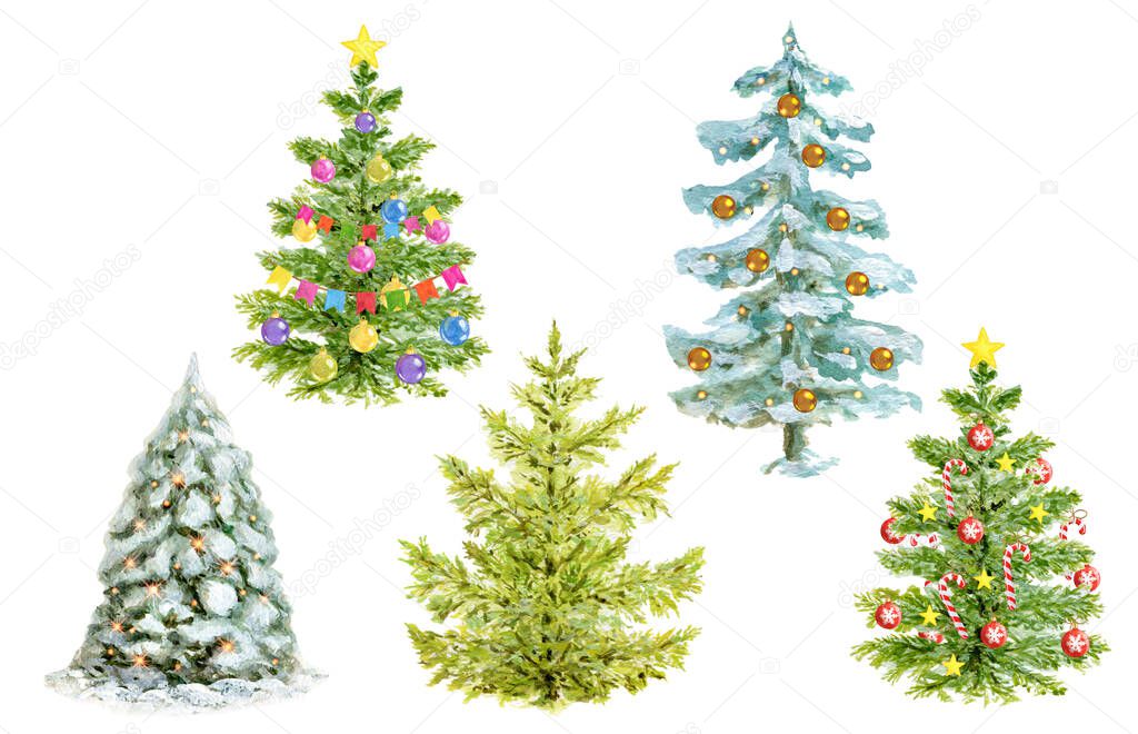 Christmas clipart consisting of watercolor fir trees isolated on white background. Hand drawn winter spruce set for New Year holiday decor or celebration card.