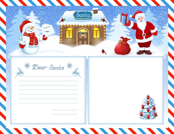 願い事リストと漫画のあるサンタクロースへの手紙サンタクロースと雪男サンタのワークショップハウスで冬の森の背景にクリスマスエンベロープ — ストックベクタ