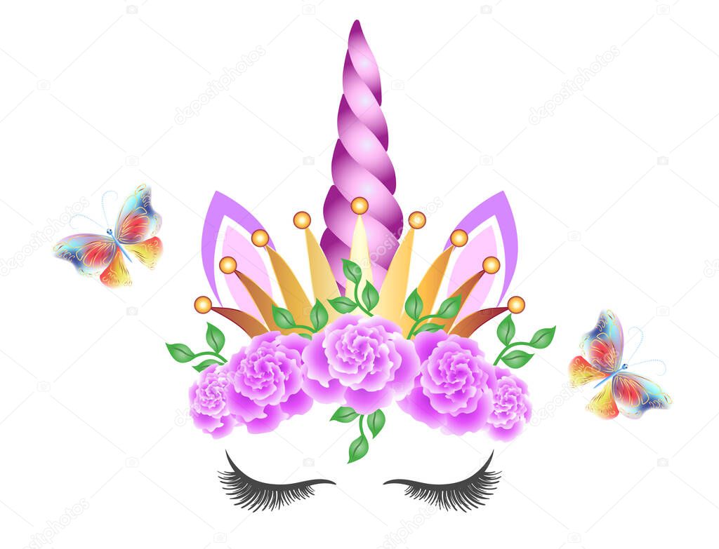 Fabulous cute unicorn with golden crown, purple horn and pink roses flowers wreath isolated on white background. Fairy unicorn princess in crown and flying butterflies.