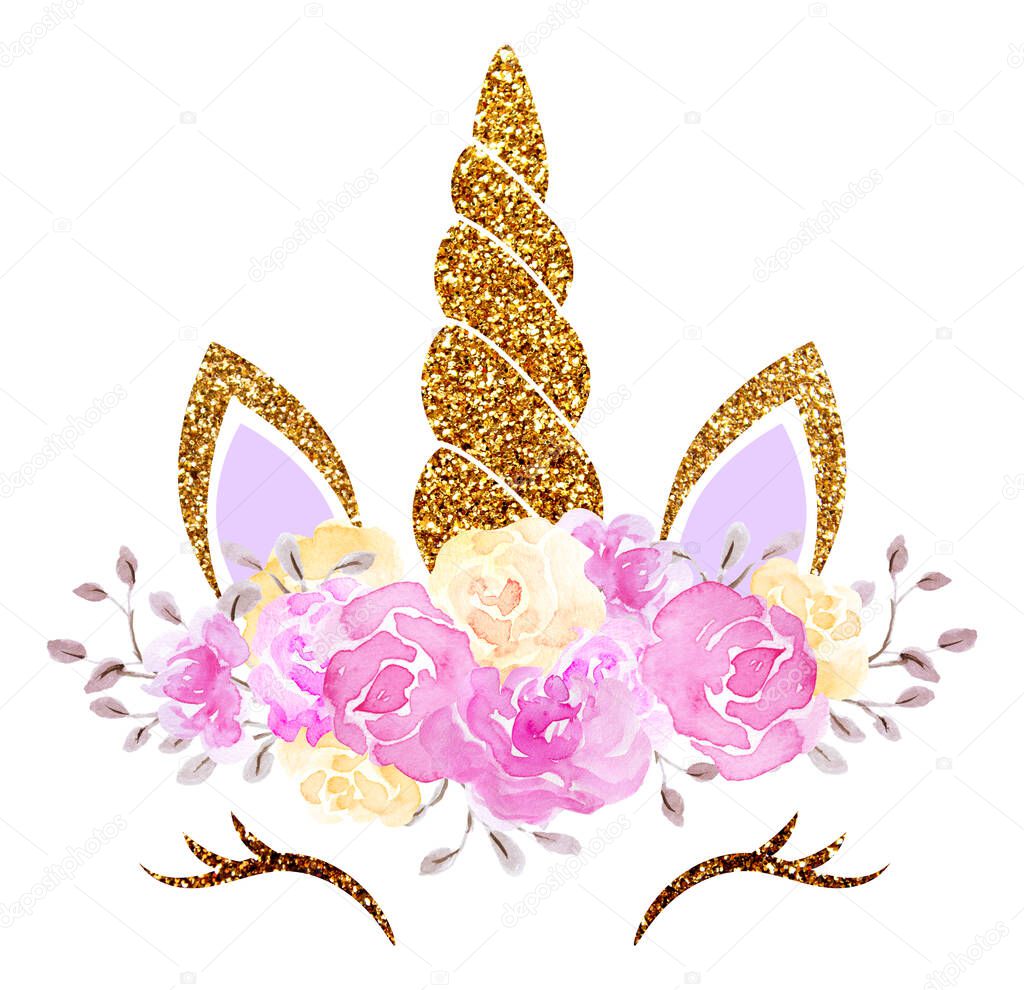 Fabulous cute unicorn with golden gilded horn and beautiful roses flowers wreath isolated on white background