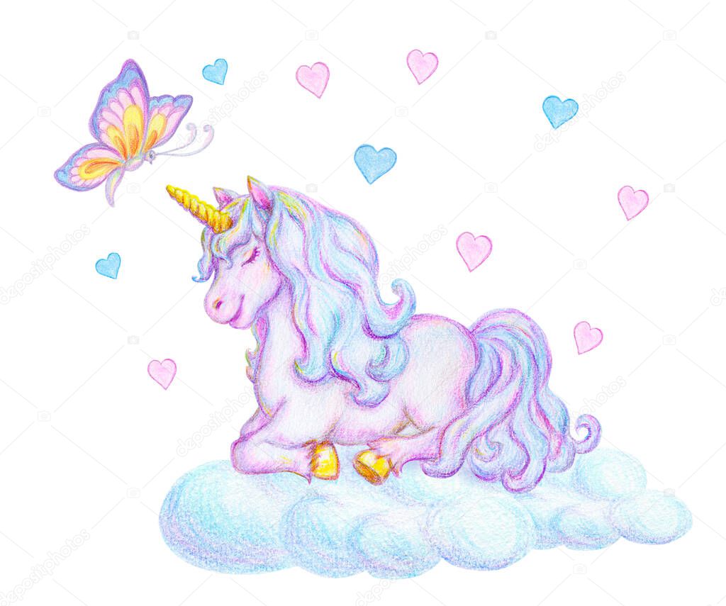 Fantasy watercolor pencil drawing of mythical sleeping Unicorn with flying magic butterfly on cloud against small pink and blue hearts