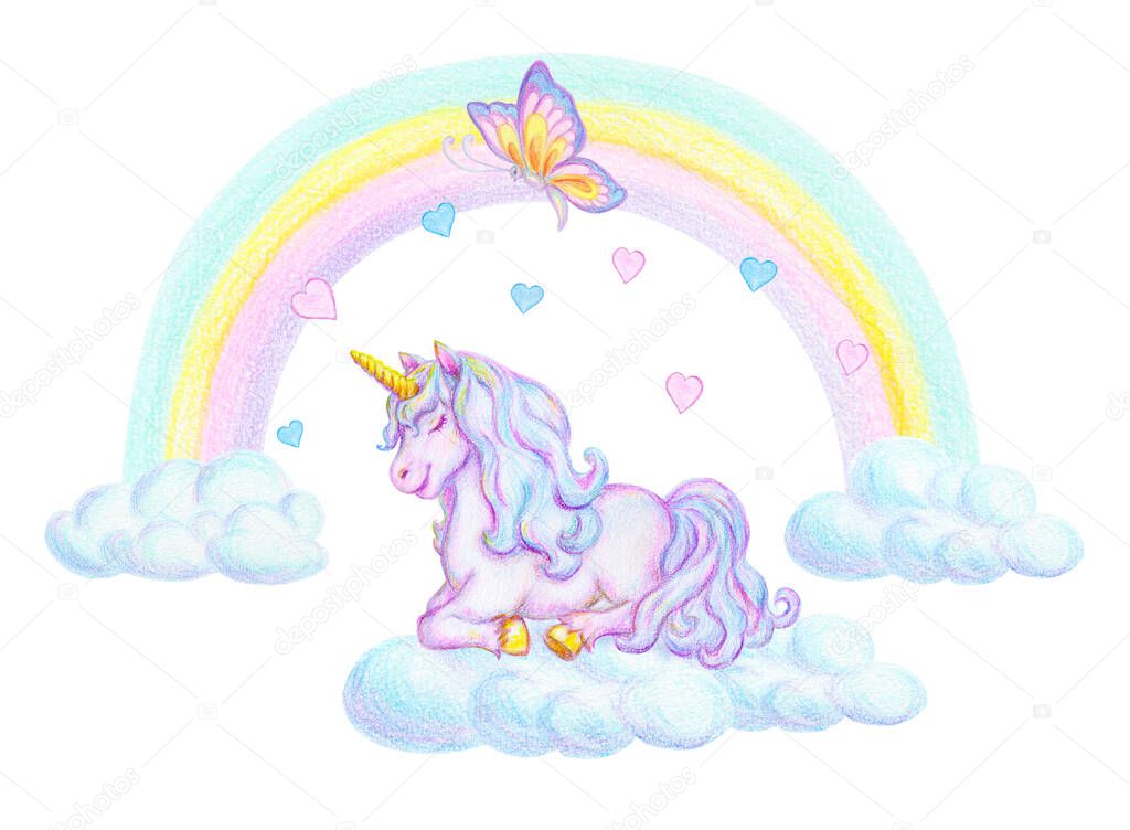 Fantasy watercolor pencil drawing of mythical sleeping Unicorn on cloud against rainbow background and flying fabulous butterfly