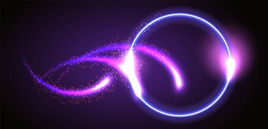 Soyut fantastik arkaplan, neon ışıklı yuvarlak çerçeve ve parlak ışık alanı portalıyla başka bir boyuta. Floresan uzay sınırı.