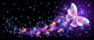 Sihirli kelebek, fantezi pırıltısı ve parlak patikası ve siyah arka planda parlayan yıldızlar.