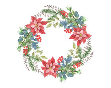 Noel dekoratif çelengi, noktalı çelenk, yeşillik, ladin, çam ağacı dalı ve kutsal meyveler. Yeni yıl çelengi. Yuvarlak çerçeve süsü. Beyaz arkaplanda izole.