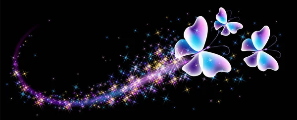 Papillons Magiques Avec Étincelle Fantaisie Sentier Flamboyant Étoiles Brillantes Sur — Image vectorielle